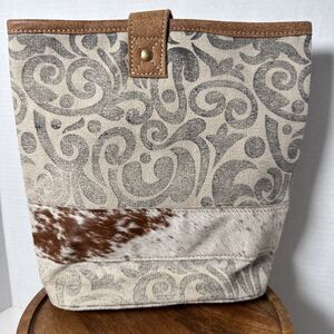 Myra Leather  Double Wine Bottle Bag Tote  Cowhide Leather Canvas